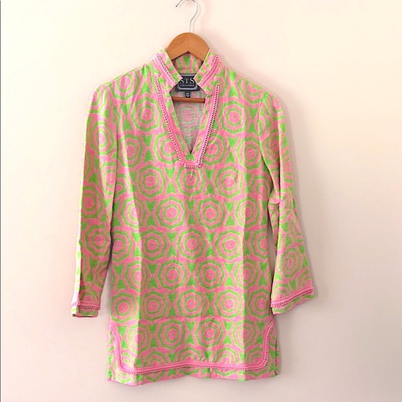 Sail to Sable 100% Linen V Neck Trim Embroidered Tunic Long Sleeve Pink Size XS - Picture 2 of 11